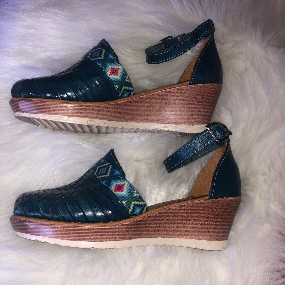 Blue leather wedges